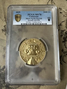 PCGS MS70 2025 Cameroon Maya Pyramid 2oz Silver Gold Gilded Coin 2000 Francs - Picture 1 of 4