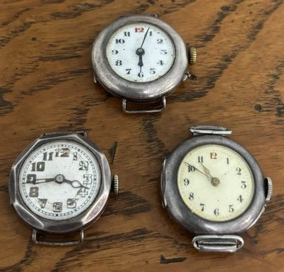 Vintage Sterling Silver Military Style Swiss Manual Wind Watches X 3 For Parts - image 1 of 4
