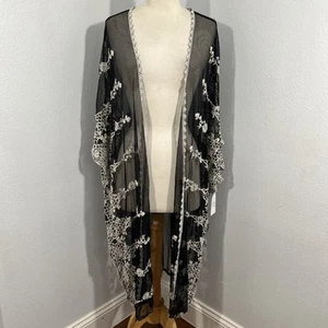 Kimono Womens 2XG to 3XG Black Lace Cove up Duster Layering Boho Beach Vacation - Picture 1 of 9