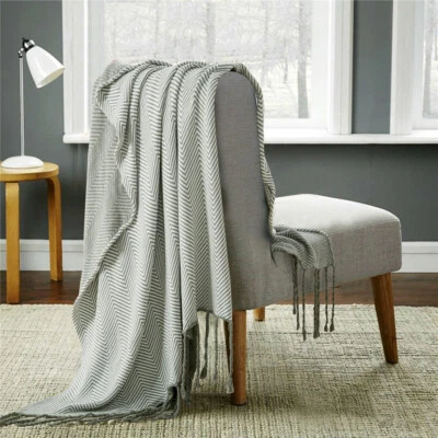 Stripe Tassel Knitted Throw Blanket Sofa Bed Office Chair Nap Blanket 120*180cm - Image 1 of 4