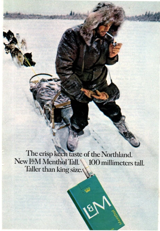 Anuncio impreso 1967 L & M Mentol Tall Cigarettes Northland Parka trineo de perros Husky Snow Foto 1 de 1