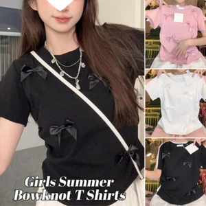 Bowknot T Shirts Round Collar Women Top Short Sleeve Sweet Girl Summer Elegant - Picture 1 of 15