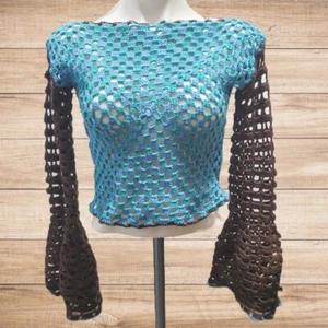 Sweater Y2K Handmade Checkerboard Lace Boho Hippie Bell Sleeve Fairy Festival - Picture 1 of 5