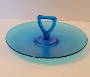 Vintage Round Blue Depression Glass Center Handle Appetizer Serving Tray - Picture 1 of 9