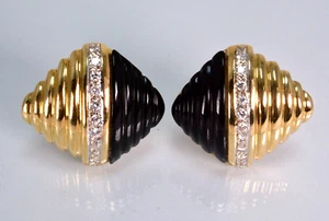 1.00ctw Pair of Diamond & Black Onyx Omega Back Earrings 14kt Yellow Gold Lot 3 - Picture 1 of 7