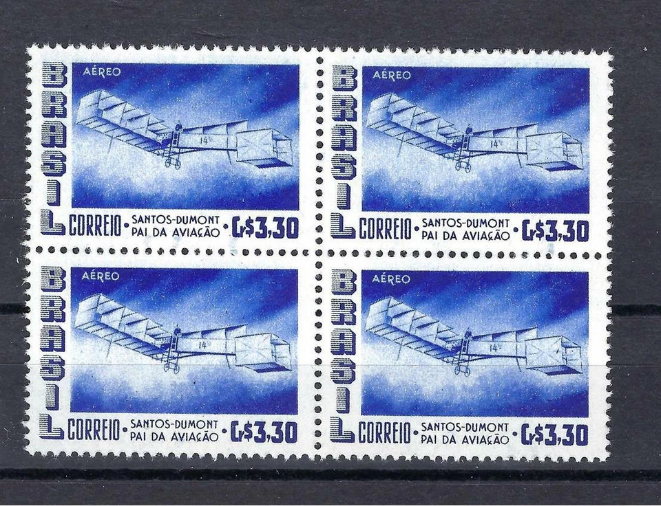 Brazil 1956 Sc# C83 Airmail First flight by Santos Dumont blue Plane block 4 MNH - Image 1 of 1