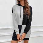 Womens Casual Comfortable Long Sleeve Hooded Color Block Sweatshirt Dress For