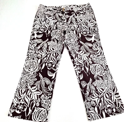 cAbi Womens Cropped Pants Sz 14 W36 x 26.5 Brown Floral Tropical Birds Style 351 - Image 1 of 4