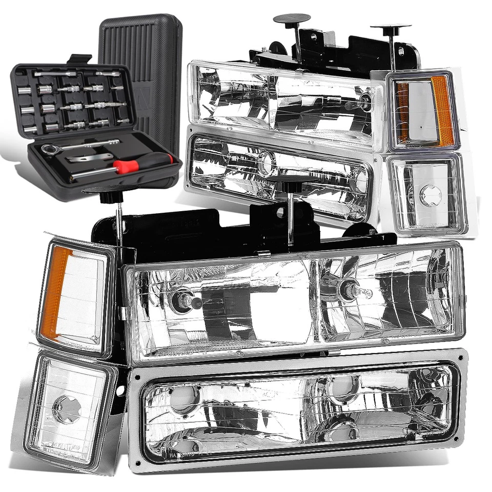 适用于 1994 - 1999 年 C/K 1500 2500 3500 铬制车头灯琥珀色防撞灯+工具盒 — 第 1/4 张图片