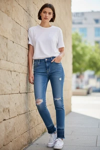 Pantalones de mezclilla para mujer American Eagle talla 00 S elásticos azules dobladillo crudo desgastados - Imagen 1 de 12