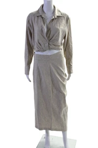 Zara Womens Collared Long Sleeves Cinch Cropped Two Piece Skirt Set Beige Size M - Picture 1 of 10