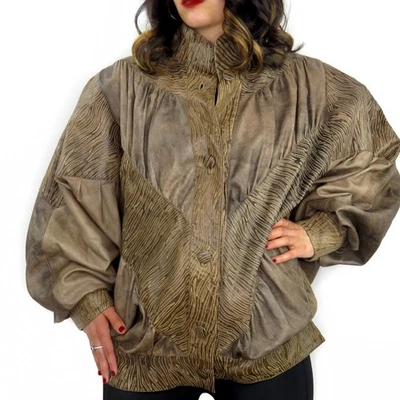Chaqueta Dolman de Cuero Italiana Vera Pelle Años 90 Marrón Texturizada Informal Mediana Foto 1 de 4