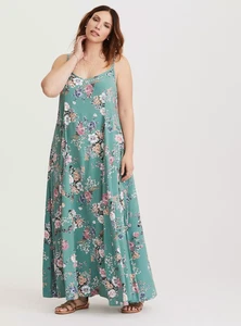 Maxi Vestido Torrido Floral Challis Trapecio Verde/Azul Floral Talla 0 12 Grande Nuevo con Etiquetas - Imagen 1 de 3