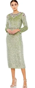NWT Mac Duggal 93568 Sage Long Sleeve Sequined Midi Dress Lined Side Slit Size 6 - Picture 1 of 16