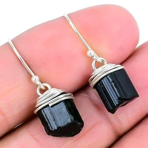 Natural Diopside Rough Hook Dangle Unique Earrings Jewelry Solid Sterling Silver - Picture 1 of 7