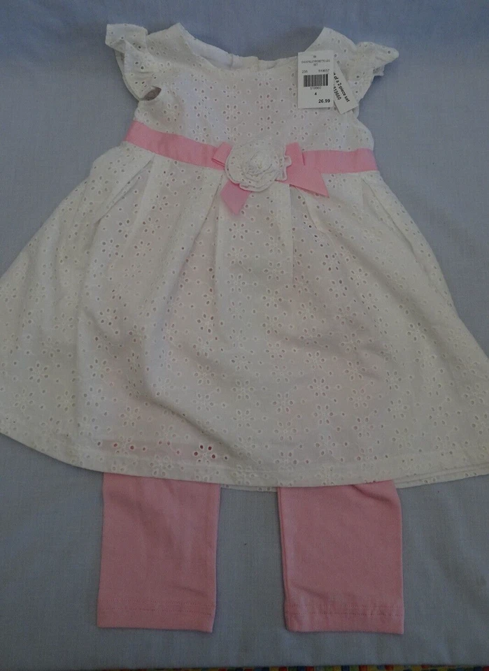 Vestido túnica forrado de encaje con ojales blancos para niña con leggings rosas conjunto de 2 piezas NUEVO Foto 1 de 4