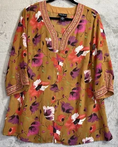 Maggie Barnes Blouse Womens 0X 14/16 Rust Brown Boho Hippie Lagenlook Sequins - Picture 1 of 10