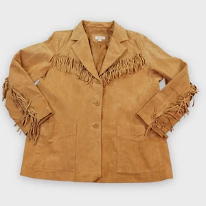 VTG Denim & Company Suede Jacket Womens 1X Brown Tan Fringe Leather Cowgirl - Picture 1 of 10