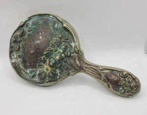 Vintage Silver Tone Vanity Hand Mirror Beveled Round Floral Design Silveroin - Picture 1 of 7