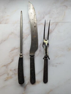 Cuchillo de chef de cocina antiguo vintage ornamentado plateado 14", tenedor, varilla de afilar - Imagen 1 de 2