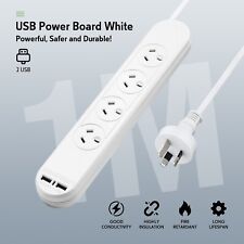 Power Board Surge Protection White 10A 240V 1M 4/6 Outlet 2 USB-A 2.4A SAA