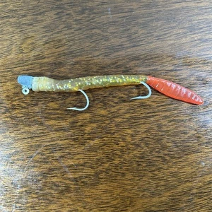 Vintage Fishing Lure Wiggle Bait Worm Gold With Two Hooks Used Orange Tail Fair - Picture 1 of 4