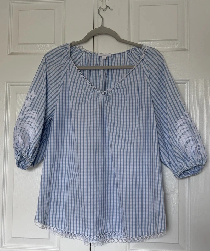 Top de guinga Charter Club azul y blanco talla L % 100 algodón manga 3/4 Foto 1 de 4