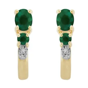 Classic Oval Emerald & Diamond Hoop Earrings in 9ct Yellow Gold - Picture 1 of 4