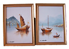 Pair Framed Wong Sailboats  Oil on Wood  signed L Wong 5" x 7" from Hong Kong