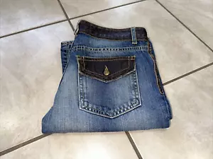 JUST CAVALLI MED WASH BROWN LEATHER DETAIL LOW RISE JEAN Sz 24x 32 EURO 38 - Picture 1 of 17