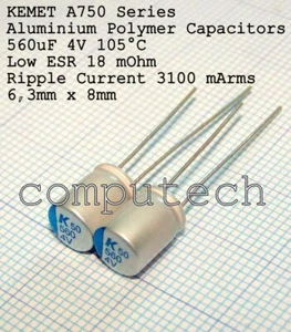 2 pezzi 560uF 4V 105°C Condensatore Polimerico KEMET A750 Series Super Low ESR - Imagen 1 de 3