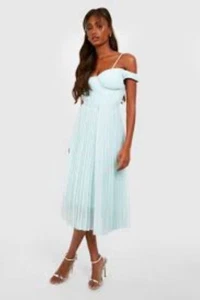 BOOHOO Pastel Blue Midi DRESS Size Aus 14 NWT Pleated Cocktail Party Wedding - Picture 1 of 8