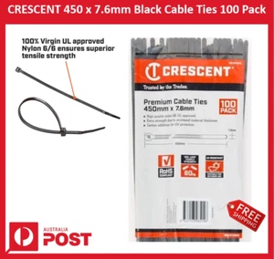 New CRESCENT 450 x 7.6mm Black Cable Ties - 100 Pack + Free Shipping - Picture 1 of 6