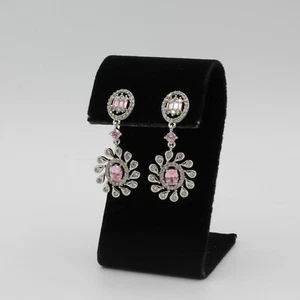 Platinum Plated White Pink Zirconia Stud Dangle Earrings Hypoallergenic - Picture 1 of 8