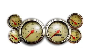 MECHANICAL GAUGE SET CLASSIC CREAM 6 Gauge VEETHREE INSTUMENTS SPEEDO AND TACH - Picture 1 of 9