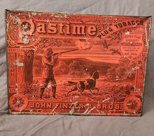 ANTIQUE Pastime Plug Tobacco Advertising Tin Box-Art Nouveau-Hunting-Tax Stamp - Picture 1 of 24