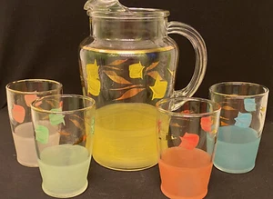 Jarra de jugo de té de vidrio retro vintage Blendo y 4 vasos pastel con dorado  - Imagen 1 de 12