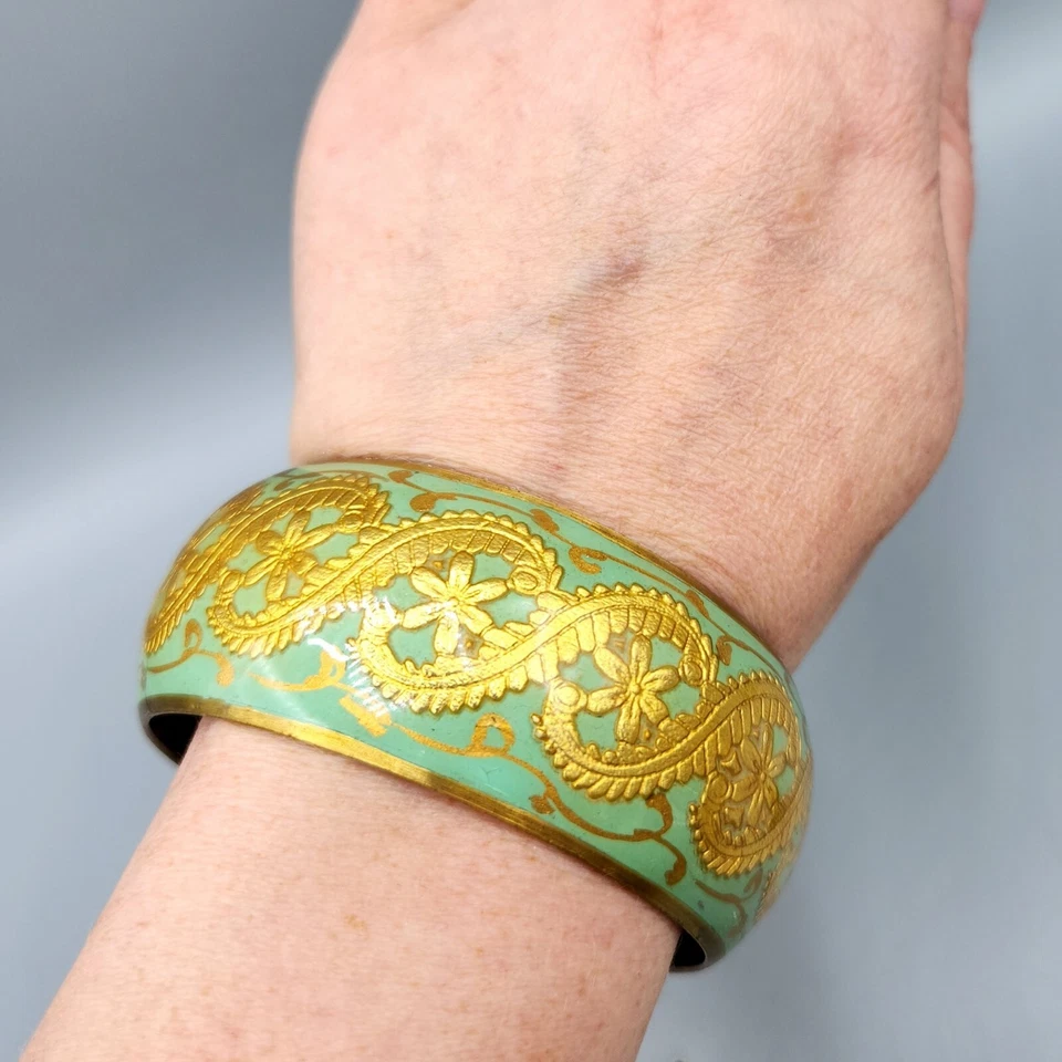 Seafoam Green & Gold Enamel Ornate Floral Wide Chunky Brass Bangle Bracelet 8" - Image 1 of 4