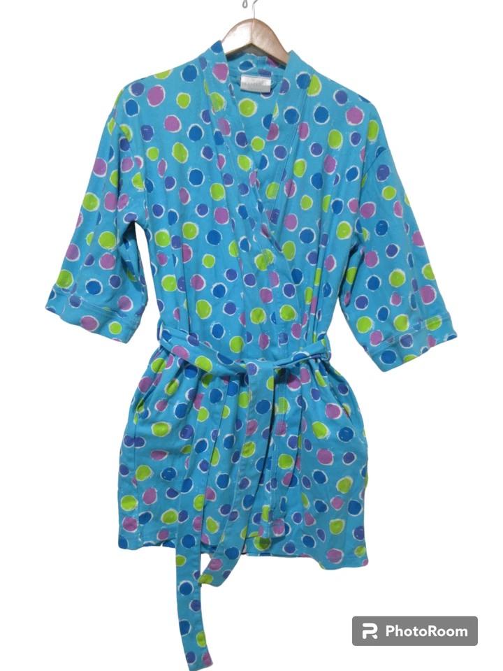 Tamanho M VINTAGE Y2K Cabernet ALGODÃO Feminino Roupão de Banho Curto Azul Bolinhas Cinto de Gravata - Imagem 1 de 4