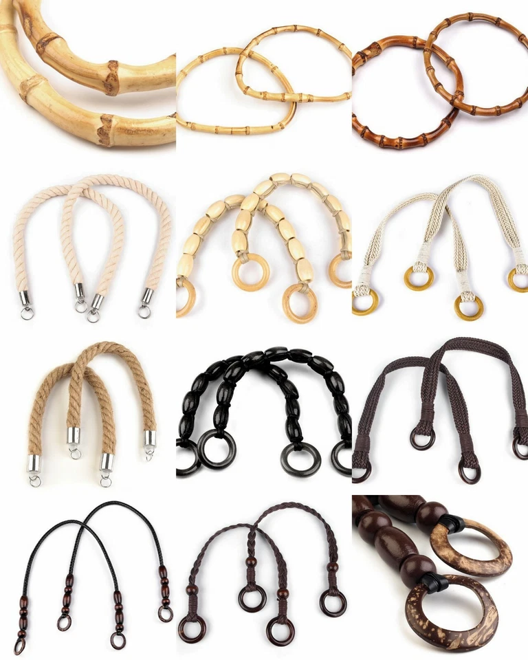 1 Paar Taschengriffe Taschen  Bambus Henkel Holz Leder Traumfänger  Natursisal - Bild 1 von 1