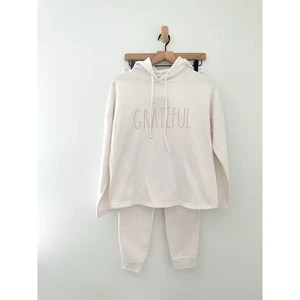 Nuevo con etiquetas Conjunto de salón Rae Dunn Grateful pequeño blanco marfil sudadera con capucha pantalones deportivos informales - Imagen 1 de 9