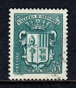 ANDORRA (FR) — SCOTT 73 — 1938 35c PRUSSIAN GREEN COAT OF ARMS — USED — SCV $70 - Picture 1 of 2