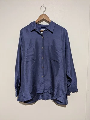 Blusa Shantung Vintage Anos 90 Arleen Bowman Queixo Azul Roxo Seda M Botão para Cima - Imagem 1 de 4
