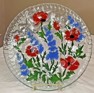 Fused Glass Plate Red Poppy Blue Delphinium Floral Scalloped Edge Platter - Picture 1 of 6
