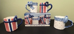 Vintage 1986 Himark 4-Pc Ribbons & Bows Hand-Painted Ceramic Mug Set 9 oz - NIB - Picture 1 of 24