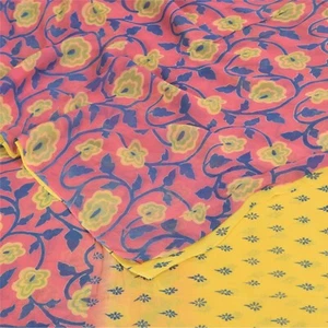 Sanskriti Vintage Sarees Yellow/Pink Pure Georgette Print Sari 5+Yd Craft Fabric - Picture 1 of 12