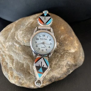 Womens Onyx Coral Turquoise Zuni Sterling Silver Inlay Band Watch Tip 11577 - Picture 1 of 12