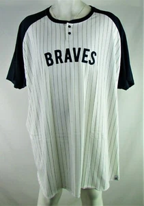 Atlanta Braves MLB Majestic Men's White & Navy Blue Pinstripe Henley - Picture 1 of 4