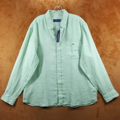 VINEYARD VINES Shirt Mens XL Solid Green Button Down Long Sleeve 100% Linen - Image 1 of 4