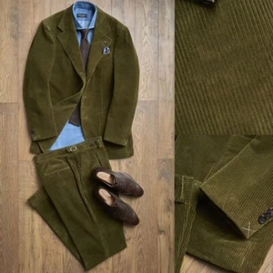 Army Green Men's Corduroy Striped Suits Regular Fit Business Casual Coat 2 Piece - Picture 1 of 16